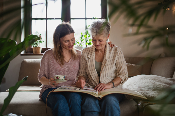 Front view of a senior mother with adult daughter indoors at home, looking at family photographs.