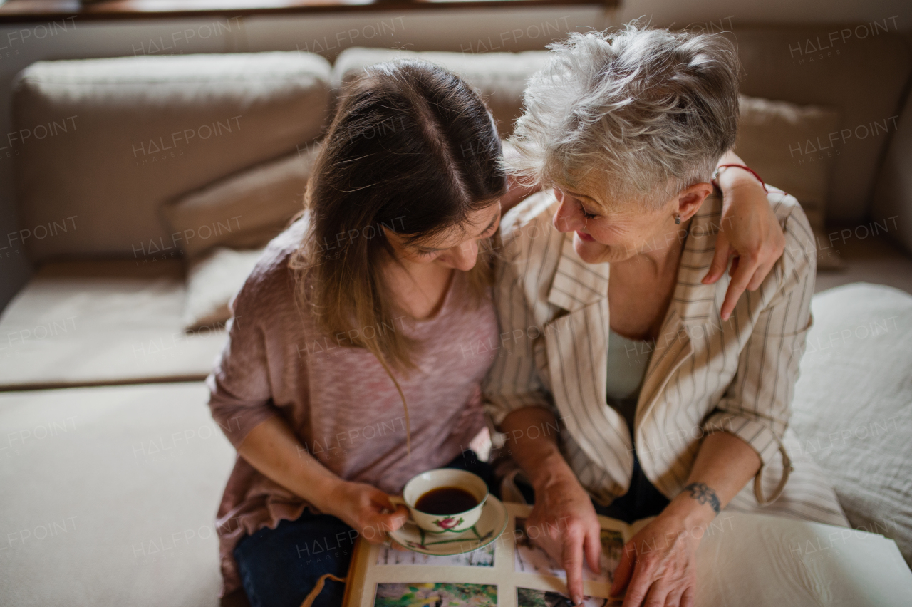 High angle view of a senior mother with adult daughter indoors at home, looking at family photographs.