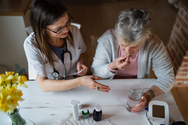 A healthcare worker or caregiver visiting senior woman indoors at home, explaining.