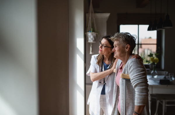 Side view of a healthcare worker or caregiver visiting senior woman indoors at home, helping her to walk.