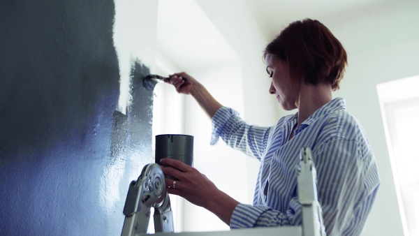 A young woman sitting on ladder painting wall black. A startup of small business.