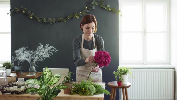 A young creative woman arranging flowers in a flower shop. A startup of florist business.