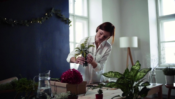 A young creative woman arranging flowers in a flower shop. A startup of florist business. Slow motion.