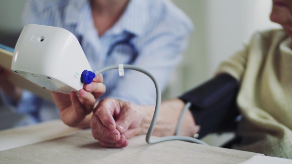 A young health visitor measuring a blood pressure of a senior woman at home.