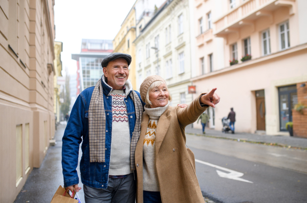 Portrait of happy senior couple walking outdoors on street in city, pointing to something.