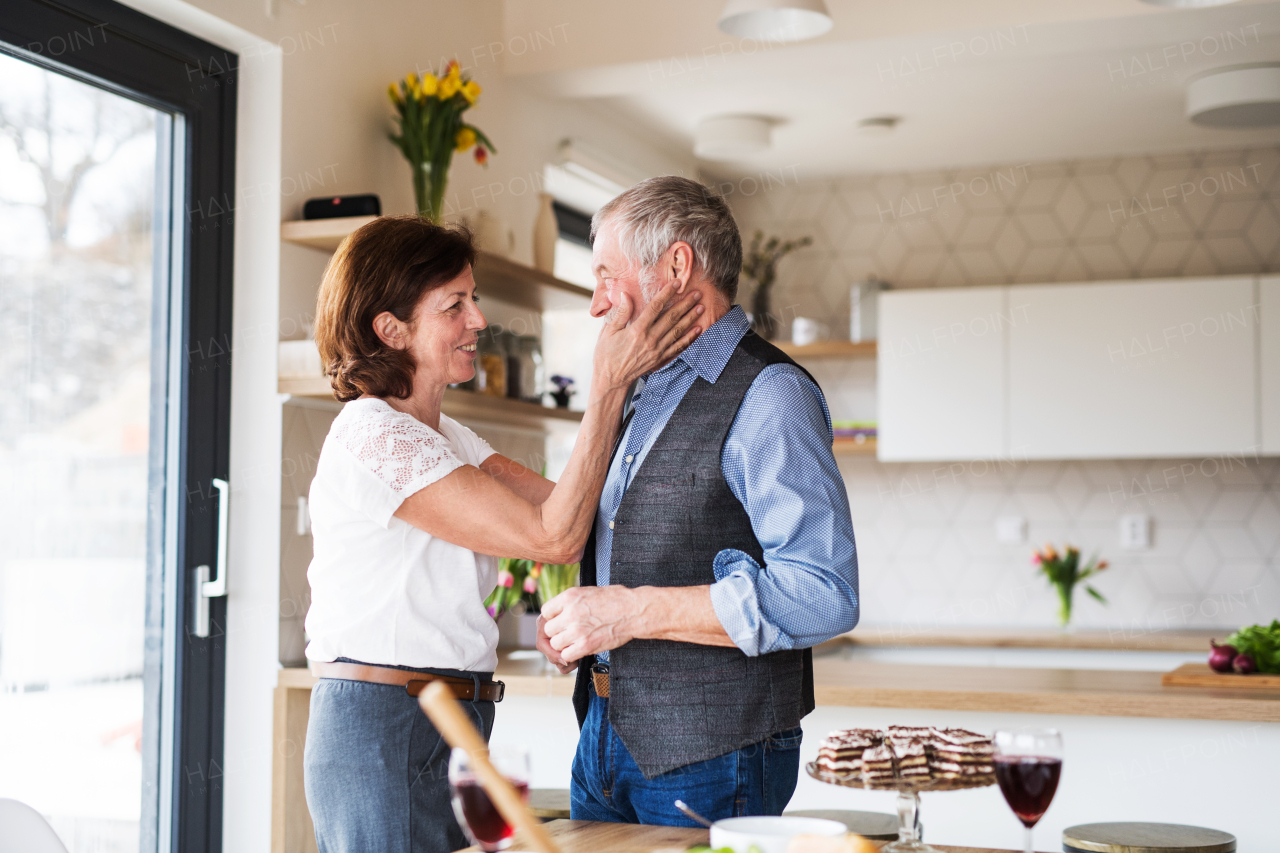 A senior couple in love indoors at home, stroking and talking.