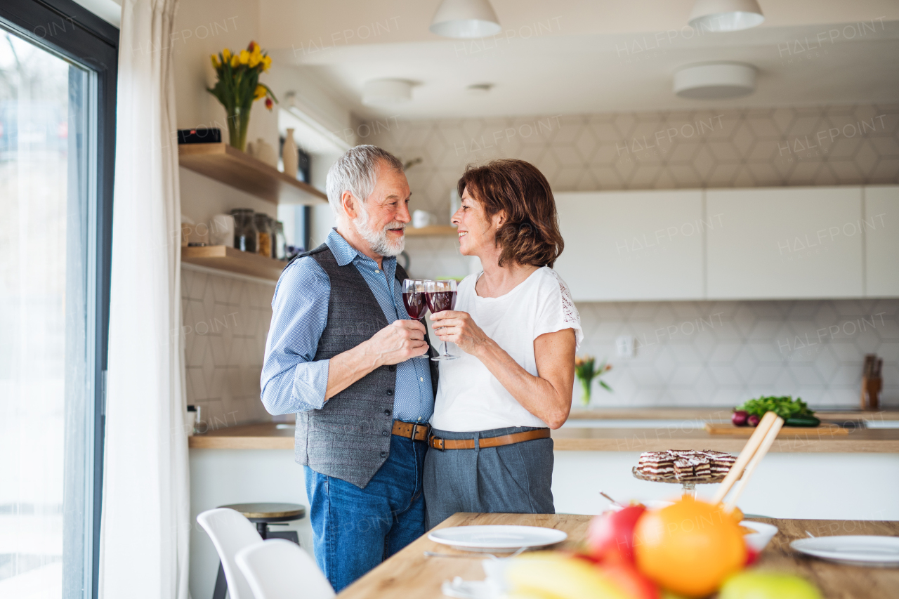 A portrait of happy senior couple in love indoors at home, clinking glasses.