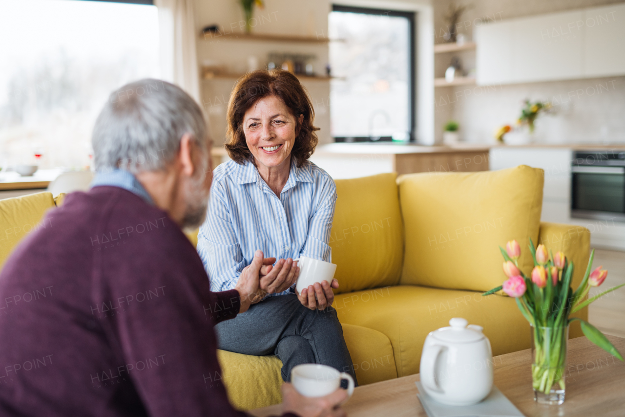 An affectionate senior couple in love sitting on sofa indoors at home, talking.