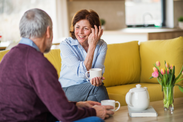 An affectionate senior couple in love sitting on sofa indoors at home, talking.