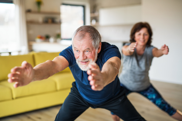 A happy senior couple indoors at home, doing exercise indoors.