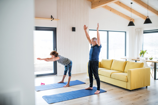 A happy senior couple indoors at home, doing exercise in living room.