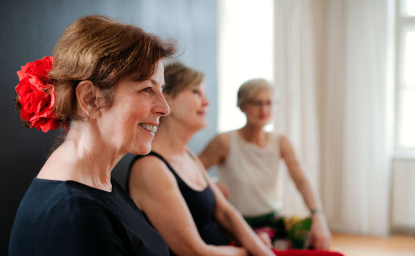 A group of senior women attending dancing class, resting.