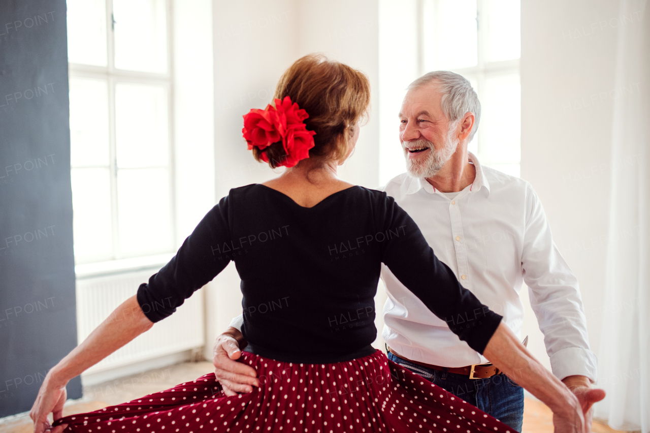 Happy senior couple in love attending dancing class in community center.