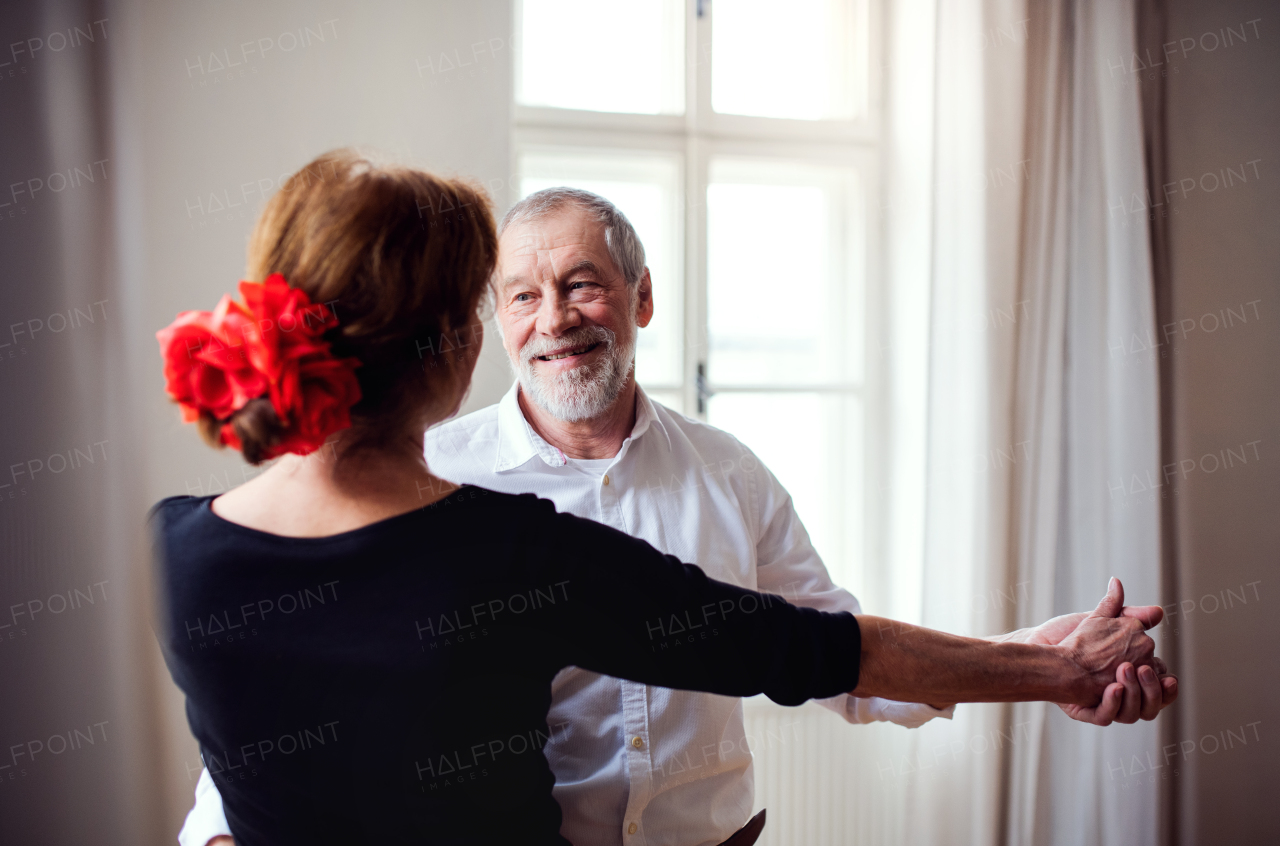 Happy senior couple in love attending dancing class in community center.