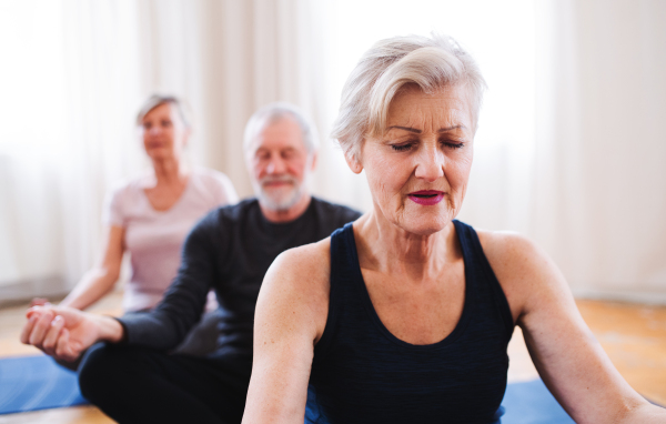 Group of active senior people doing yoga exercise in community center club.