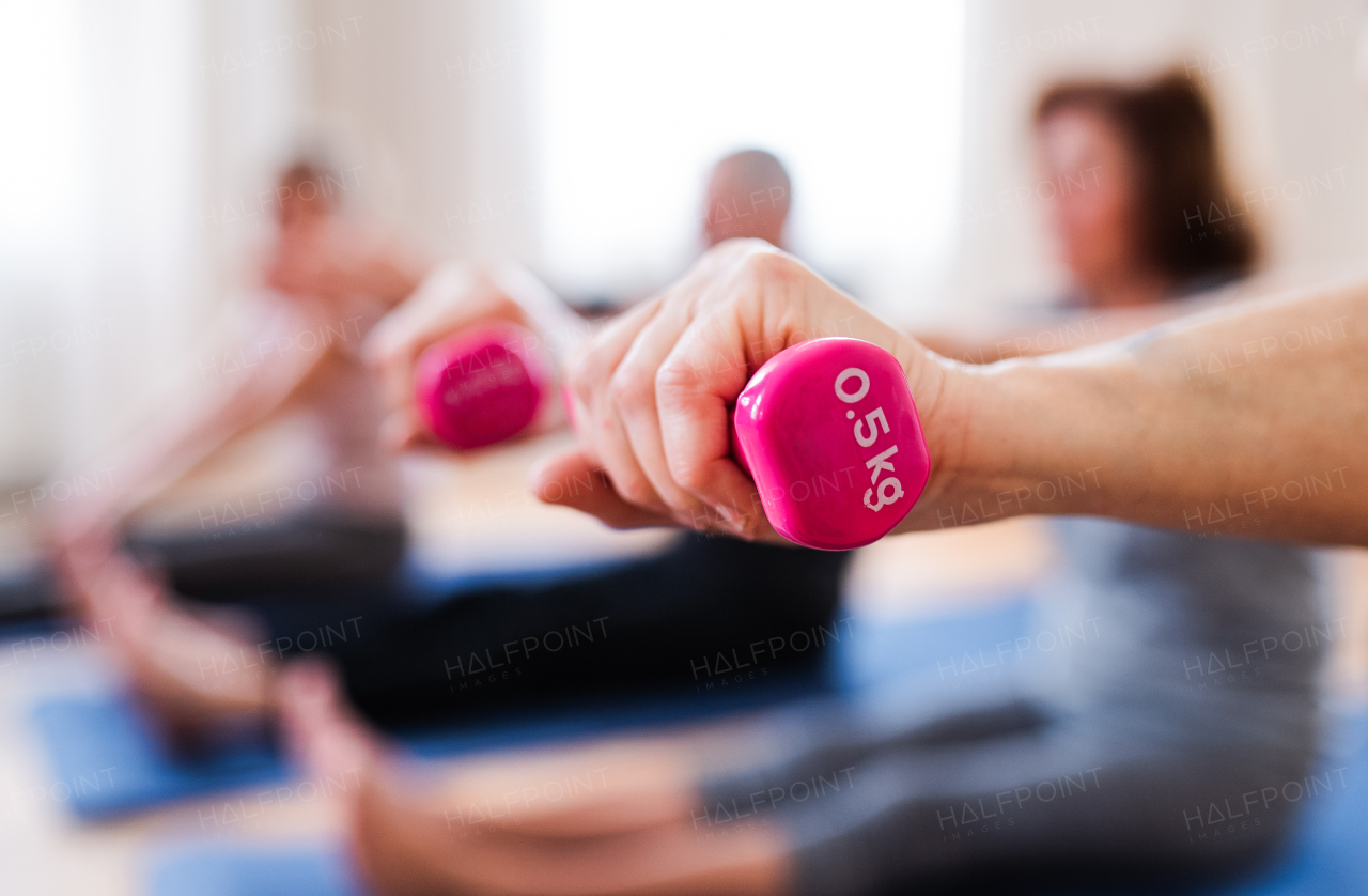 Group of unrecognizable active senior people doing exercise with dumbbells in community center club.