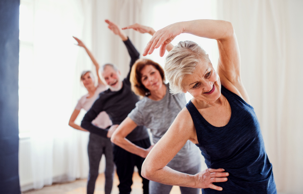 Group of active senior people doing exercise in community center club.