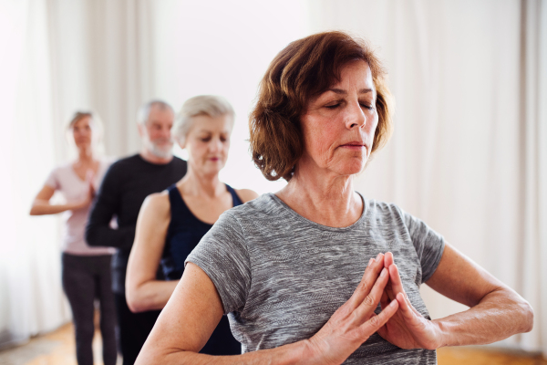 Group of active senior people doing yoga exercise in community center club.