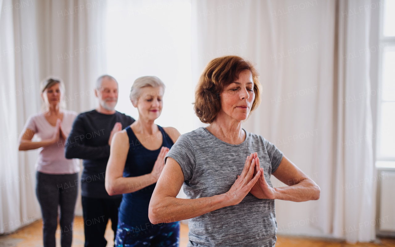 Group of active senior people doing yoga exercise in community center club.