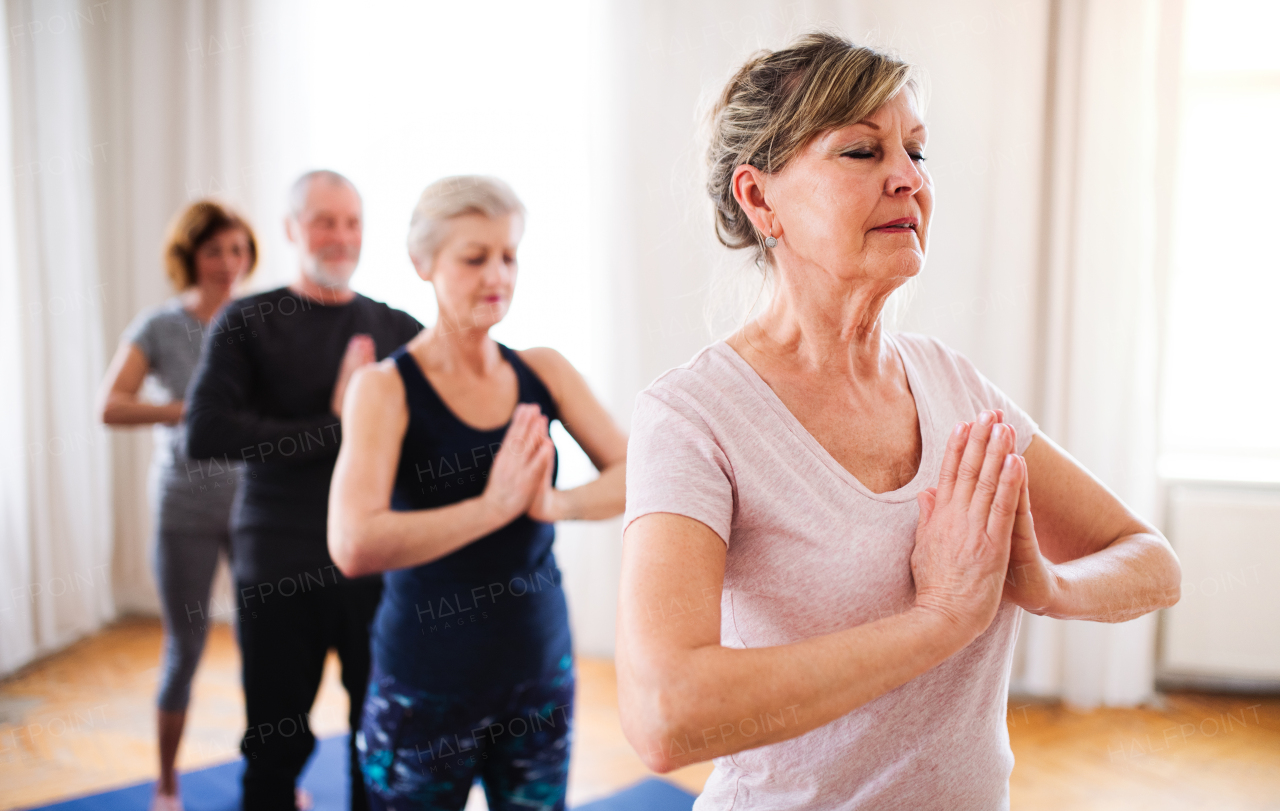 Group of active senior people doing yoga exercise in community center club.