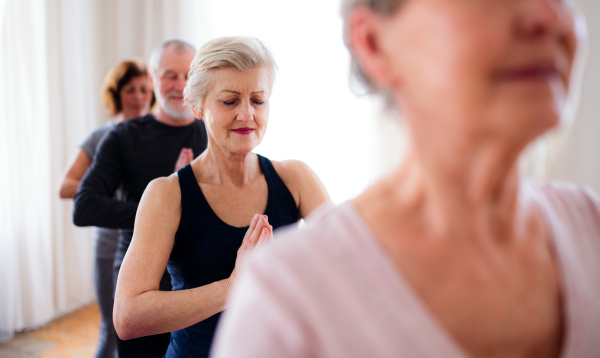 Group of active senior people doing yoga exercise in community center club.