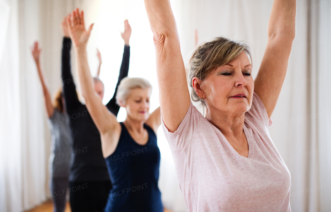 Group of active senior people doing yoga exercise in community center club.