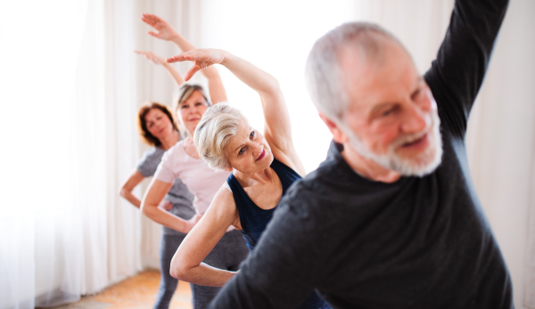 Group of active senior people doing exercise in community center club.