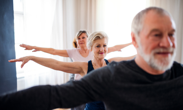 Group of active senior people doing exercise in community center club.