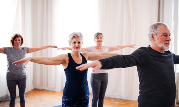 Group of active senior people doing exercise in community center club.