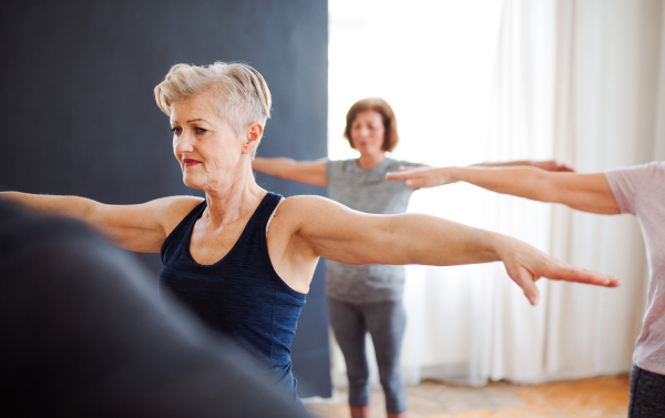 Group of active senior people doing exercise in community center club.