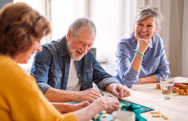 Group of senior people sitting at the table in community center club, playing board games.