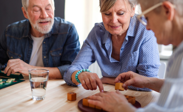 Group of senior people sitting at the table in community center club, playing board games.