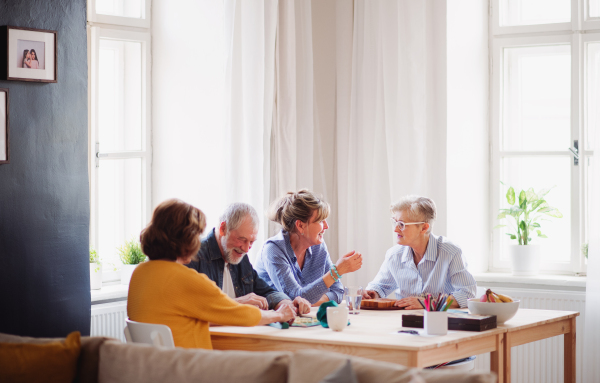 Group of senior people sitting at the table in community center club, playing board games.