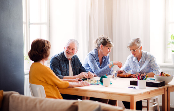 Group of senior people sitting at the table in community center club, playing board games.