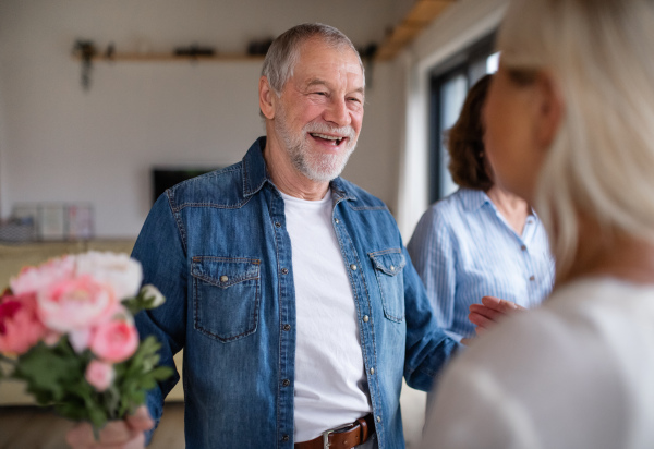 A group of cheerful senior friends at dinner party at home, greeting.