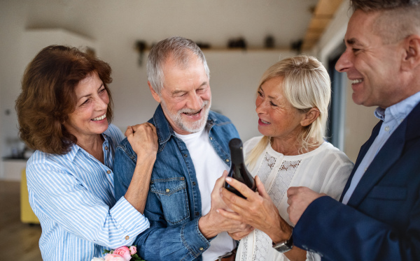 A group of cheerful senior friends at dinner party at home, greeting.