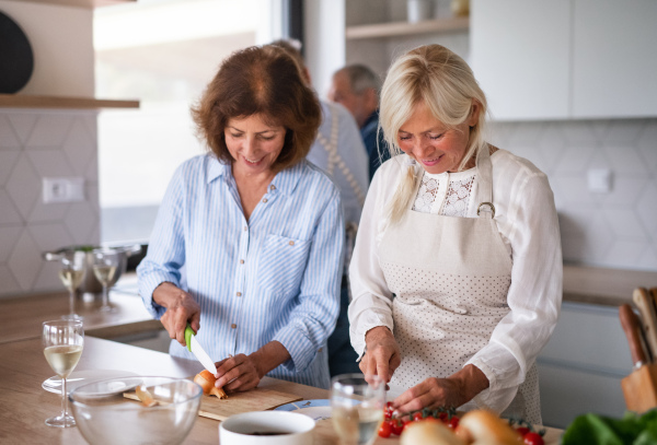 Front view of group of cheerful senior friends at dinner party at home, cooking.