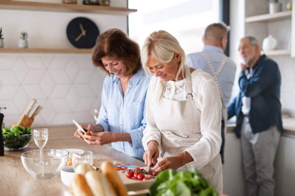 Front view of group of cheerful senior friends at dinner party at home, cooking.