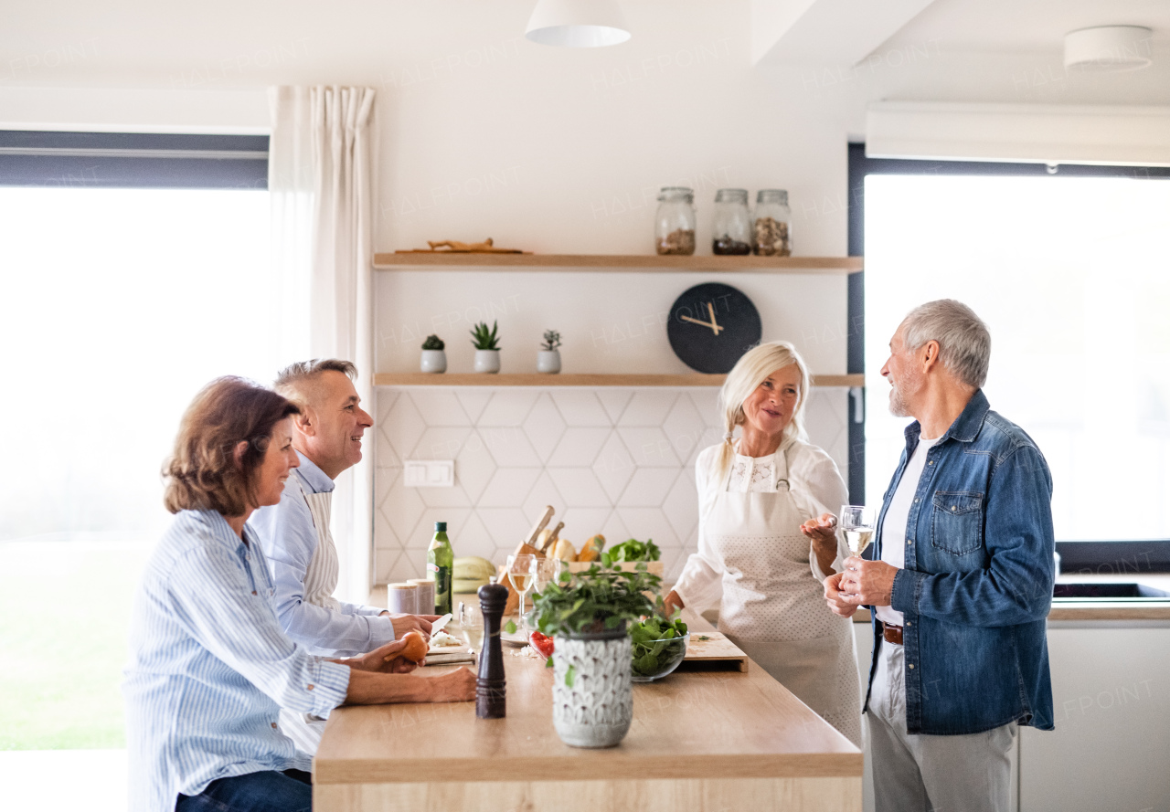 Front view of group of cheerful senior friends at dinner party at home, cooking.