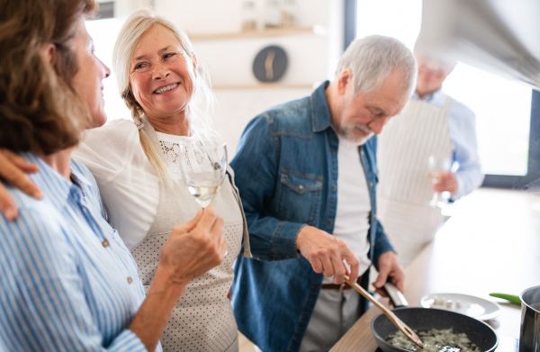 Front view of group of cheerful senior friends at dinner party at home, cooking.