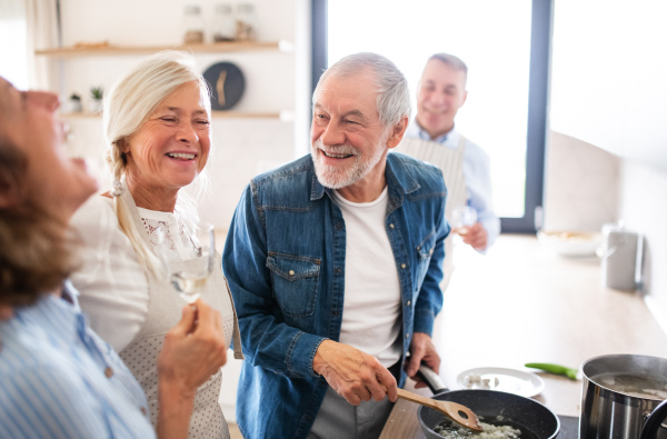 Front view of group of cheerful senior friends at dinner party at home, cooking.