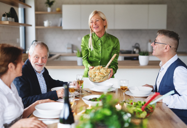 Group of senior friends enjoying dinner party at home.