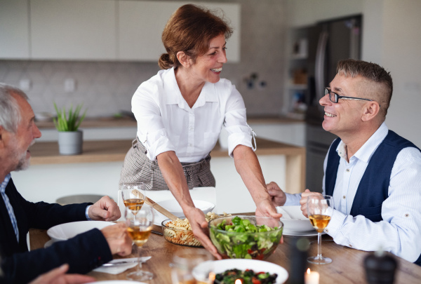 Group of senior friends enjoying dinner party at home.