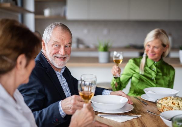 Group of cheerful senior friends at dinner party at home, with glasses of wine.