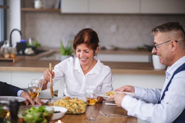 Group of senior friends enjoying dinner party at home, eating.