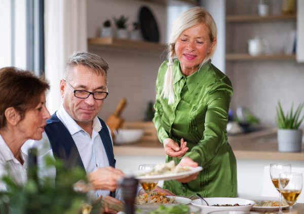 Group of senior friends enjoying dinner party at home.