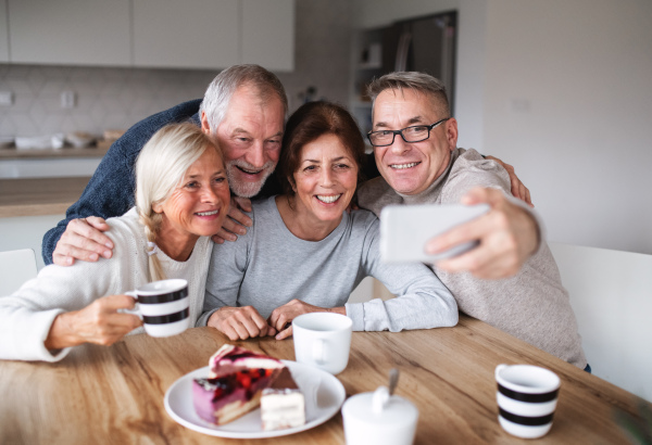 Group of cheerful senior friends at home, taking selfie with smartphone.