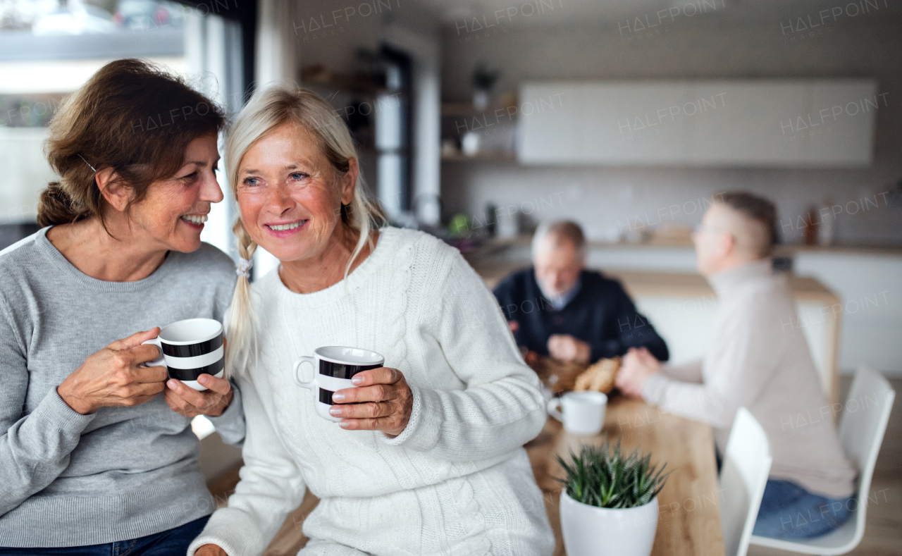 Front view portrait of senior women friends with coffee at home, talking.