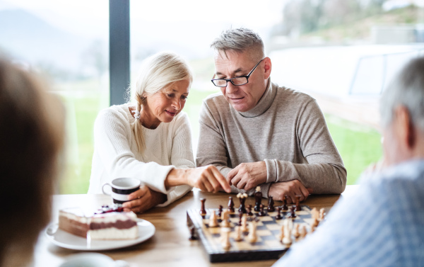 Group of happy senior friends at home, playing board games.