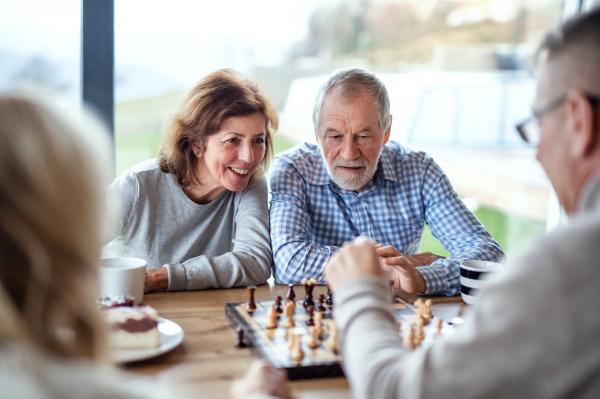 Group of cheerful senior friends at home, playing board games.